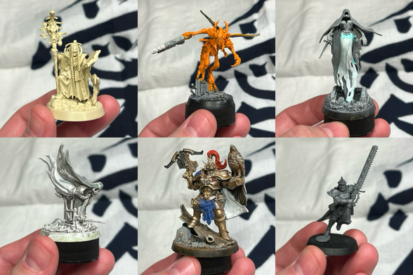 Three by two grid of miniatures in various states of progress. Zondara Heartshriven, a female necromancer built but unpainted. Vespid warrior, a flying sci-fi insectoid with a bright orange base coat. An upward flying banshee with base coats and some streaks of contrast paint. A banshee flying camera-right with partial base coats. An armored warrior with gold blue and red base coats. A warrior nun with a large chainsaw, assembled but unpainted.