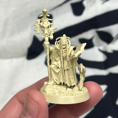 Unpainted Zondara Heartshriven model, a necromancer with an ornamented staff and large book. She wears her hair in front of her body at ankle length. The plastic for her long hair has broken on the right side at waist height.