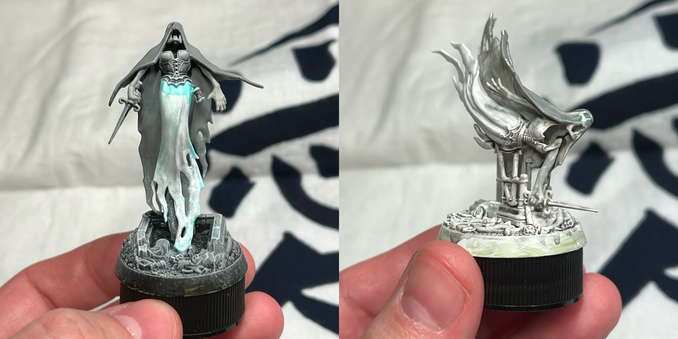Grid of two miniatures of banshees. First has some light turquoise patches over white, the result of a speed paint mishap. Second banshee has white and gray base coats and an experiment of speedpaint on the face filling in eye and nose spaces.