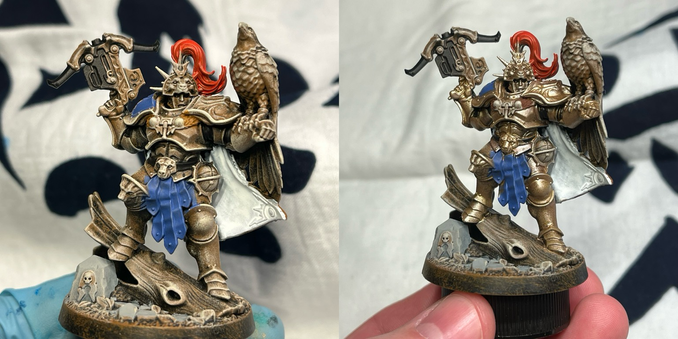 Side by side photos of Sanson Farstrider. First photo shows model underpainted brown with white highlights. Second photo shows base coat of gold over the underpainting. 