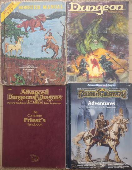 Monster Manual for Advanced Dungeons & Dragons 1st Edition: Side view of a red dragon in flight, a unicorn and a centaur on the ground, a troll, an owlbear, and a roper under the ground.

Dungeon Magazine #16: A large green Dragon has cast a spell enveloping a character in flames. Two warriors are approaching. The title of the art is “One down, two to go.”

The Complete Priest's Handbook: A brown cover with gold letters

Forgotten Realms Adventures for 2nd Edition:  A paladin in plate mail with a winged helm sits astride a unicorn with fancy barding. Evil-looking towers are seen in the background.