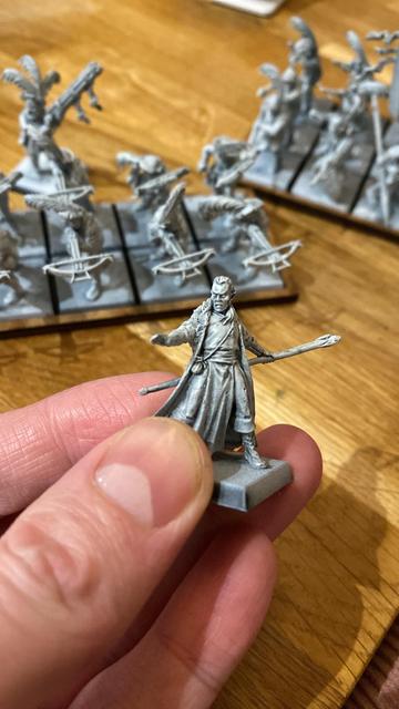 Elf mage from Mordheim - dramatic arms outstretched with staff behind the back. In the background there are two blocks of infantry and an engineer with a much better-feathered hat and a big gun. 