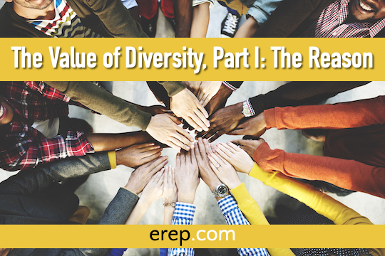 An ethnically diverse group of hands point in unison toward a common center.