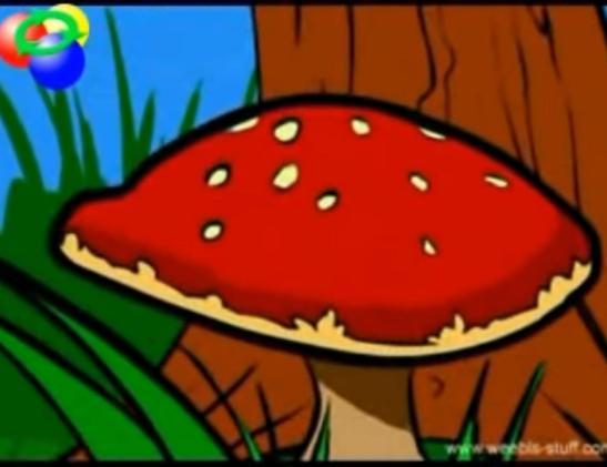 Fotograma de una seta roja con pintas blancas dibujada en Macromedia Flash del famoso y antediluviano clip-meme musical "Badger, badger, badger"