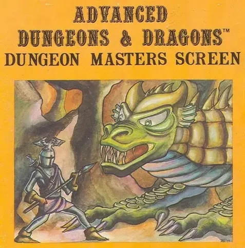 Advanced Dungeons & Dragons dungeon masters screen, with original artwork showing a knight in a winged helmet holding a spear against a large dragon-like creature with horns, big teeth, and armor plating.