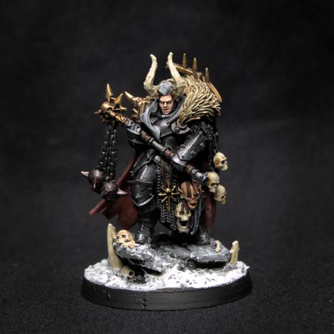 A miniature of a demonic woman in heavy armor, holding a flail, a dark red cape, on top of a snowy rock surrounded by skulls.
