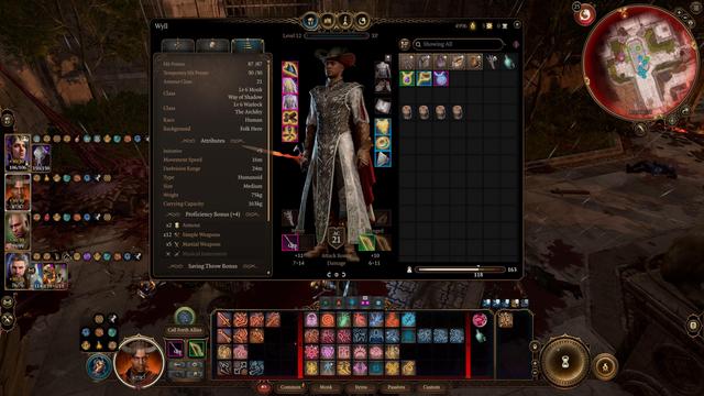 Baldur's Gate 3 screenshot.
Character stats:
Wyll
Monk 6 (Way of the Shadow) / Warlock 6 (The Archfey)

Head: Birthright
Cloak: of the Weave
Body: Potent Robe
Shield: none
Hands: Gloves of Dexterity
Feet: bonespike boots
Neck: Strange Tendril amulet
Ring: of Mind Shielding
Ring: of Protection
Melee: Infernal Rapier
Ranged: Bow of Awareness

Eldrich blast machine with added sneaky and movement.