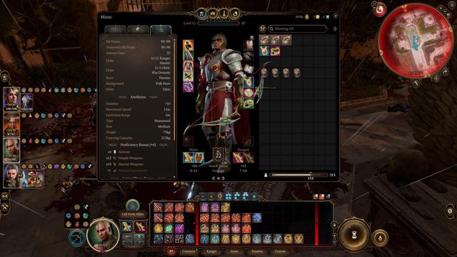 Baldur's Gate 3 screenshot.
Character stats:
Minsc
Ranger 11 (Hunter) / Cleric 1 (War domain)

Head: Helm of Balduran
Cloak: of Protection
Body: Flame Enamelled armour
Shield: Sentinel Shield
Hands: Blackguard's gauntlets
Feet: Helldusk boots
Neck: Amulet of Branding
Ring: Caustic band
Ring: Eversight ring (No blinding)
Melee: Ambusher
Ranged: The Dead Shot

Can hide with Wyll in darkness, with high "to hit" chance and damage from lots of shots.