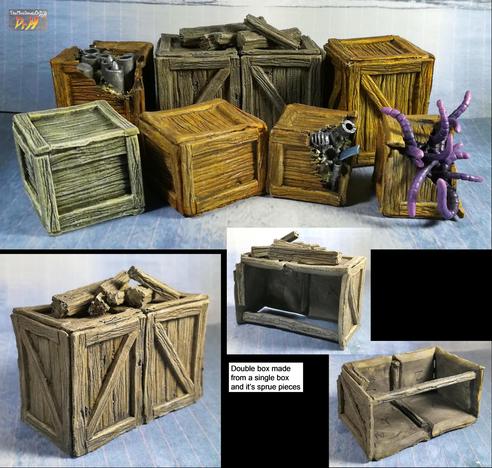 Collection of example boxes built from my kits.
Some are open with contents added.
One is sprouting tentacles.
And a pair of boxes, side by side, made from a single box kit by omitting the bottom and rear of both.