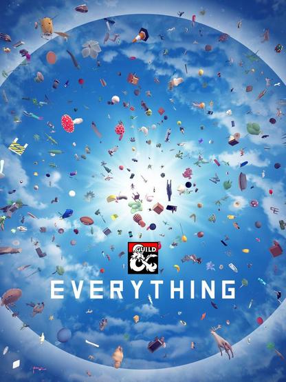 The sun with a halo against a blue sky filled with lots of random objects flying in every direction and the word Everything below the Dungeon Masters Guild logo