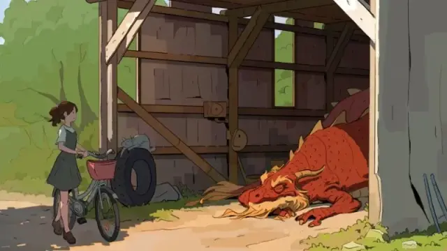 Official art from "Obojima: Tales from the Tall Grass," featuring an anime-style illustration of a young girl with a bicycle standing outside a barn filled with an elderly sleeping dragon.