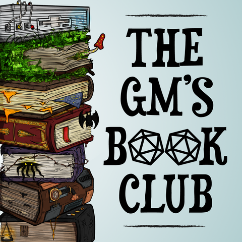 The Logo for The GM's Book Club. Text on a blueish background with a stack of books of different varieties on the left hand side. It is the mirror image of the DM's Book Club Logo.