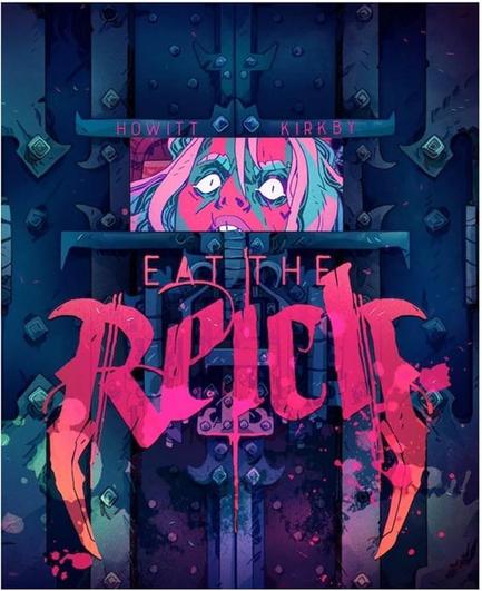 Cover image of Eat the Reich written by Grant Howitt/Rowan Rook and Decard and illustrated by Will Kirby. Image of a vampire in a drop coffin with the words 'Eat the Reich' in bright, violent pink and red!