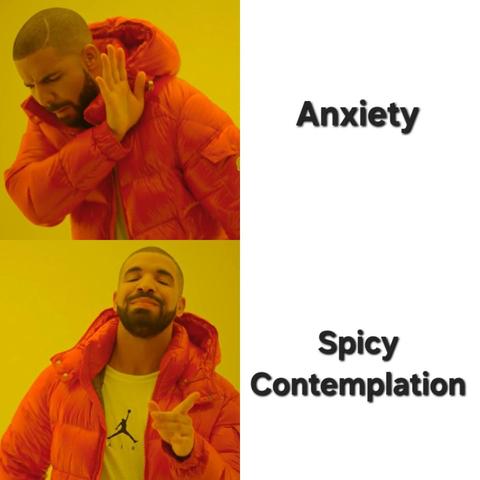 The Drake Hotline Bling meme.

It looks like he is saying "No" to the word "Anxiety" next to the first panel.

It looks like he is saying "Yes" to the phrase "Spicy Contemplation" next to the second panel.
