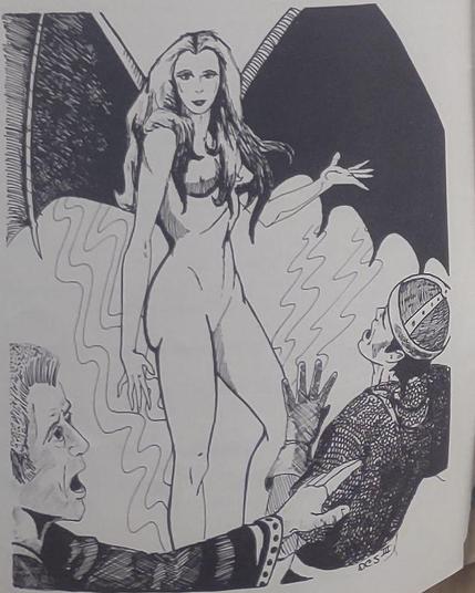 A lovely nude woman with bat-like wings startles two adventurers.
