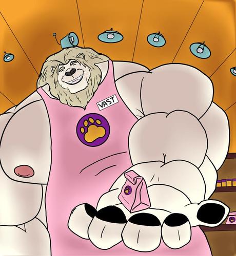 A giant white lion whose head is bumping into a ceiling lamp holds a tiny bag in his huge paw and smiles down at the viewer. He's wearing a pink apron with a gold paw in a purple circle as a logo. His name badge reads VAST.
