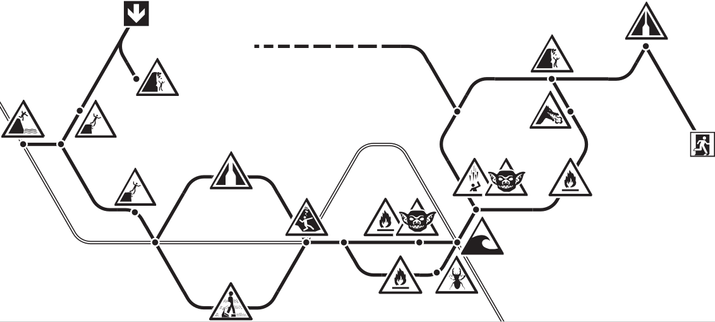 Metro-map of underground dungeon, with ISO 7010 danger signs, including 'goblin', and 'basilisk breath'.