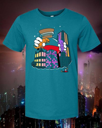 A Marine (sort of a rich teal blue) shirt printed with a large design. The image depicts a Potion Hero (a humanized potion bottle with red liquid inside) taking a nap and having a dream, which is the bulk of the image. In the dream, the potion hero is huge! Stomping through a city of skyscrapers while playing with two dinosaurs. Some windows in the buildings shine with a gradient of yellow pink and orange light, and a few stars are twinkling in the sky.