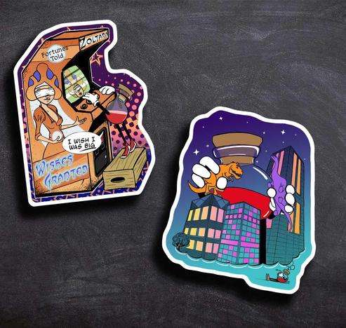 Two die cut stickers. On the left: a Potion Hero stands on a crate, stretching to reach the controls of a retro arcade cabinet called 'Zoltara'. The side of the cabinet boasts 'Fortunes Told!' and 'Wishes Granted', with a depiction of a blindfolded mystic holding an orb. Her face is also visible on the glitchy arcade screen. The Potion Hero is making a wish, which reads in a comic speech bubble: I wish I was big! 

On the right, a sticker matching the tee currently on offer. This image depicts a Potion Hero (a humanized potion bottle with red liquid inside) taking a nap and having a dream, which is the bulk of the image. In the dream, the potion hero is huge! Stomping through a city of skyscrapers while playing with two dinosaurs. Some windows in the buildings shine with a gradient of yellow pink and orange light, and a few stars are twinkling in the sky.