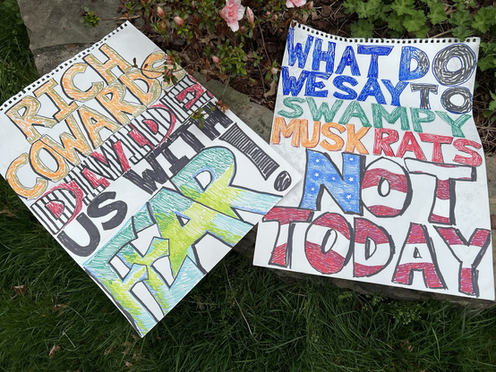 Two protest posters: (left) “Rich Cowards (gold lettering) Divide (lettering with prison bars) Us With (plain lettering) Fear! (Large blue-green design). (right) “What Do We Say To Swampy Musk Rats (assorted colors of letters with Swampy entirely green) Not Today! (Stars and stripes design)