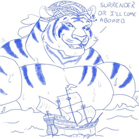 Dreadnought the Leviathan Tiger looms over a ship at sea.

"SURRENDER OR I'LL COME ABOARD," the giant tiger commands.