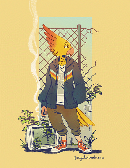 A yellow, anthropomorphic bird character with red feathers on his head, smoking a cigarette. He is wearing a blue hoodie and red chucks and looking a little bored into the distance. In the background is a wire mesh fance with a hole and on the ground, near his feet, is a broken monitor from which plants are growing.