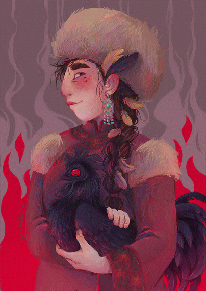 A mongolian-like looking woman, wearing a warm winter coat and a pelt hat. In her arms she is holding a black rooster with red eyes. In the backround are stylized red flames and smoke.