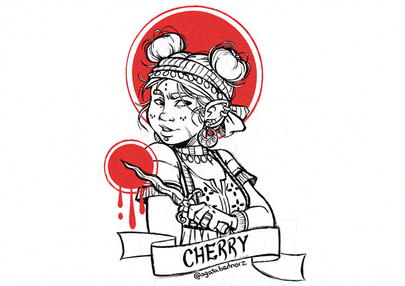 Shown is a little chubby woman holding up a dagger. Her hair is up in two buns that remind two cherries. Her clothes have many different patterns and she wears a lot of dangly jewelry. She wears a chin piercing and has three dots tattooed on her cheeks, as well as two dots on her forehead.    