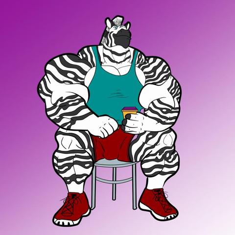 A muscular zebra sitting on a steel grey chair holding a coffee cup while looking up at something.