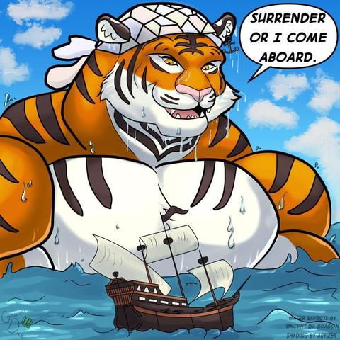 A giant tiger looms over a ship at sea. "SURRENDER OR I'LL COME ABOARD," the giant commands.