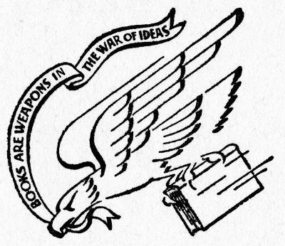Line art graphic from a World War II-era campaign showing a stylized bald eagle diving, a book clutched in its talons, and holding a ribbon in its beak that flutters above with the words “Books Are Weapons in the War of Ideas.”