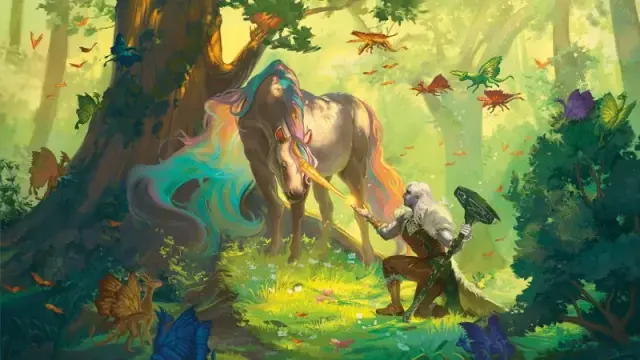 Official DnD artwork featuring an adventurer in a magical forest bowing down before a unicorn.