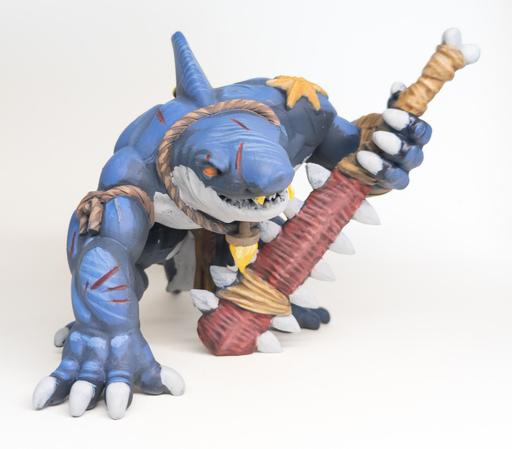 Crouching humanoid shark warrior with tooth great sword, right side
