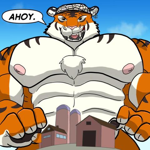 Dreadnought the Leviathan Tiger looms over a farm. "AHOY," he says.