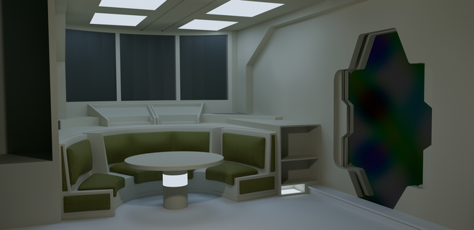 Spaceship interior.
Greyish walls. A semi-circular couch with yellow/green cushions surrounds a round table.
On the right, a sci-fi door leads to darkness.
In the background are dark screens/windows