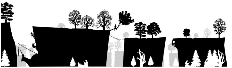 People climb raised earth platforms, where the healthy trees are.  Giant snail below.