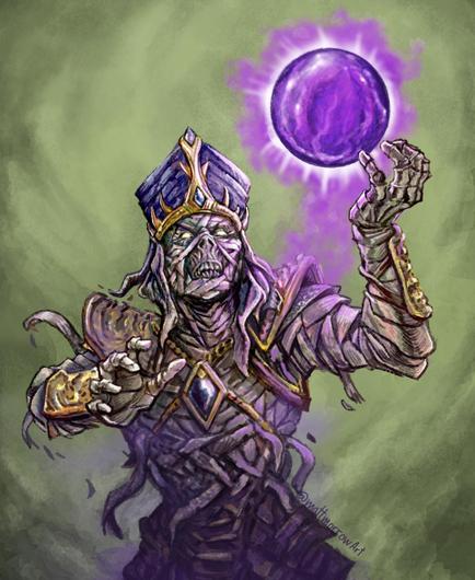 A fancy bejeweled mummy with a floating purple orb.