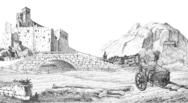 a wagon in a field by a bridge leading to a castle, a hill and a town