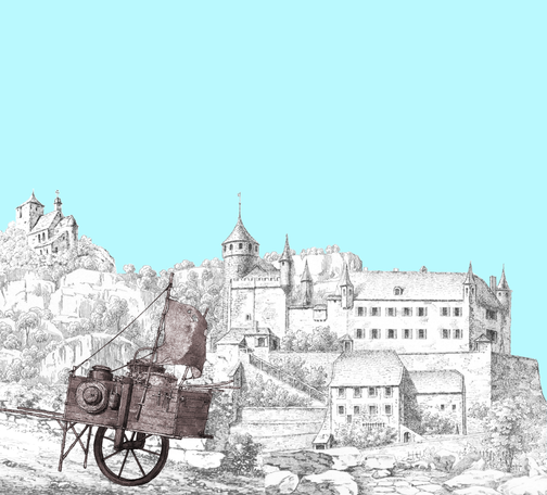 A cart on a hill near a large castle and a smaller castle on a hill