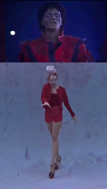 In the bottom half of the screen, world-champion synchronised swimmer Kristina Makushenko—in red bolero, camisole, shorts, and stilettos—performs the dance from Michael Jackson’s song “Thriller,” in sync with Jackson’s clip in the top half.