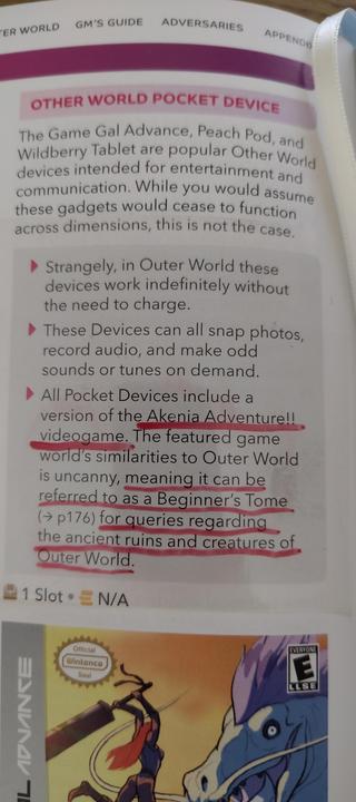 Photo of a section of the Break! rules describing the Pocket Device mentioned. Underline there are mentions of a JRPG called Akenia Adventure!! and saying that it "can be referred to as a Beginner's Tome for queries regarding the ancient ruins and creatures of Outer World