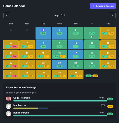 Calendar showing color coded dates, green being the ones that everyone can make, blue some, yellow less, red nobody 