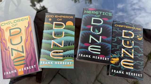Cover art for Children of Dune, God Emperor of Dune, Heretics of Dune, and Chapterhouse: Dune