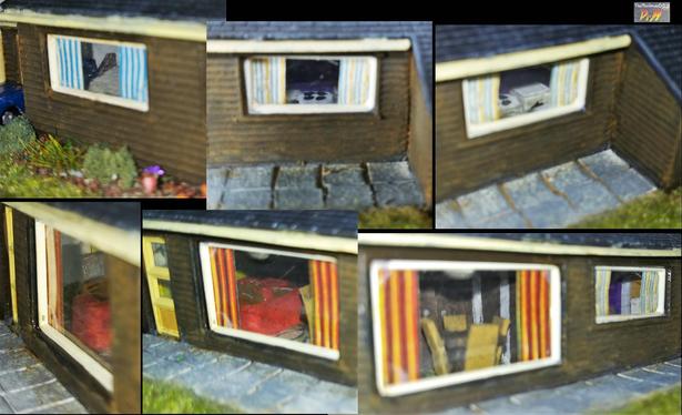 Views through the windows of the N-gauge bungalow.
Top row: 
Left: Front bedroom's bed and headboard.
Mid: Kitchen hob.
Right: Kitchen, washing machine.

Bottom row:
Left: Living room, TV
Mid: Living room, sofa and chair
Right: Dining table/chairs.