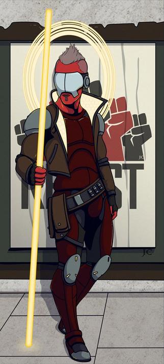 A red skinned cyberpunk solarian standing in front of a poster that says RESIST