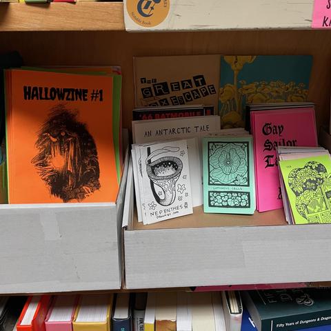 Display of zines, including one with a neon orange cover titled Hallowzine #1 and one with a hot pink cover titled Gay Sailor Tattoos.