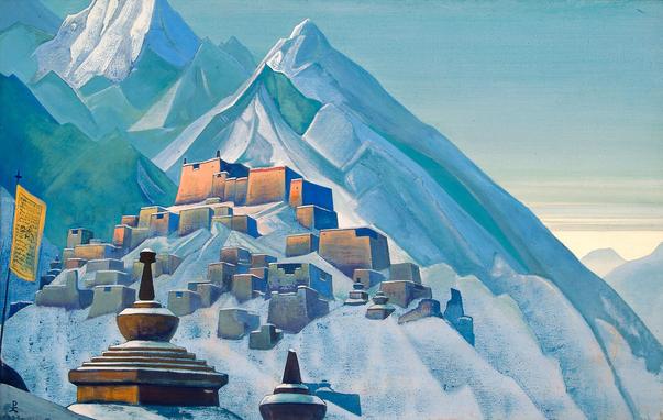 Nicholas Roerich’s 1933 symbolist painting, “Tibet, Himalayas”. Ice-blue peaks loom above a hillside covered in snow and dzong monasteries (perhaps Gyantse Dzong?). A couple of snow-covered stupas and a yellow, rectangular prayer flag crouch in the foreground, off to the left.