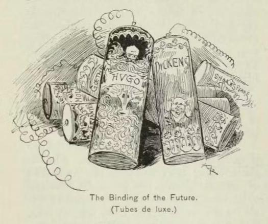 text saying "the binding of the future" with cylindrical containers with the names of famous authors written on them and wires coming out of them