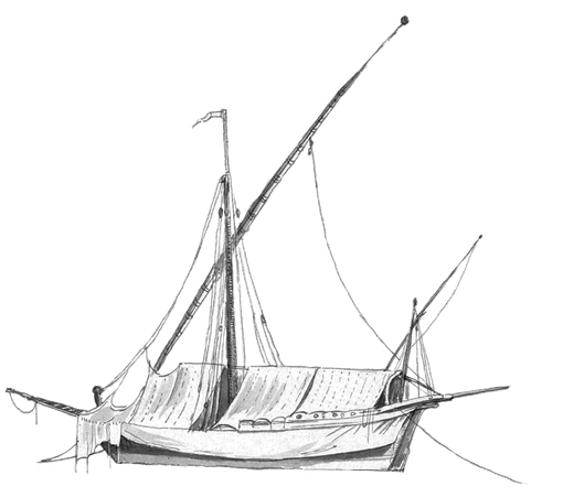 A sailboat with its sails down