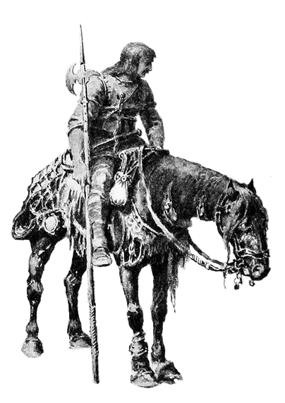 A man with a halberd on a very tired horse